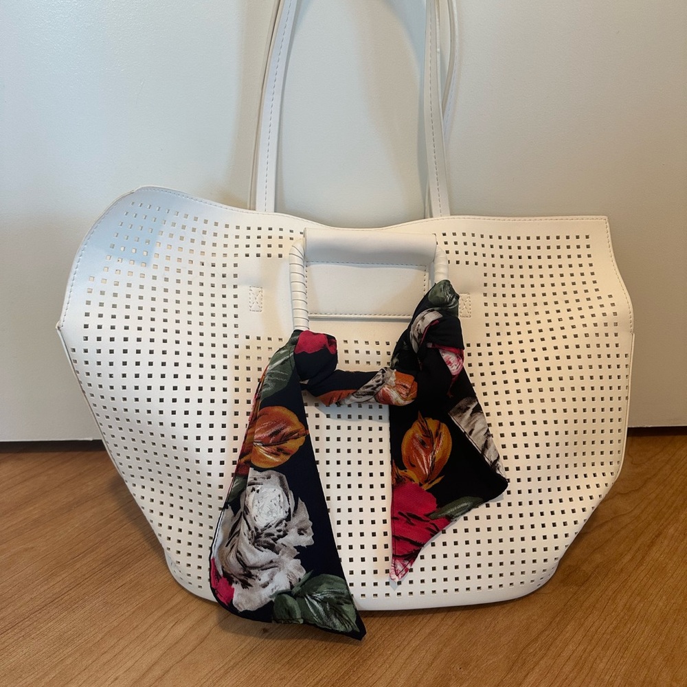 Anthropologie White Perforated Tote with Floral Scarf